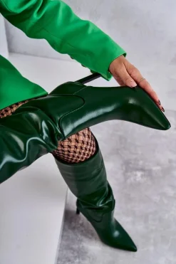 Hot Skórzane Kozaki Na Szpilce Zielone Rissa Damskie Kozaki Przed Kolano|Kozaki Na Obcasie