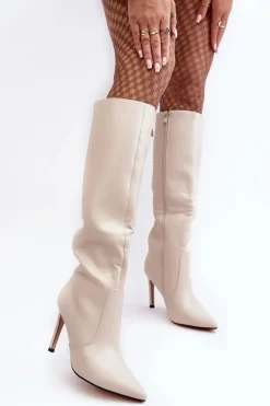 Online Boto Skórzane Kozaki Na Szpilce Beżowe Melisandra