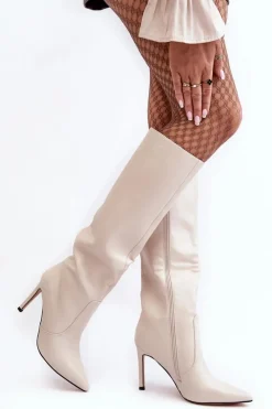 Online Boto Skórzane Kozaki Na Szpilce Beżowe Melisandra