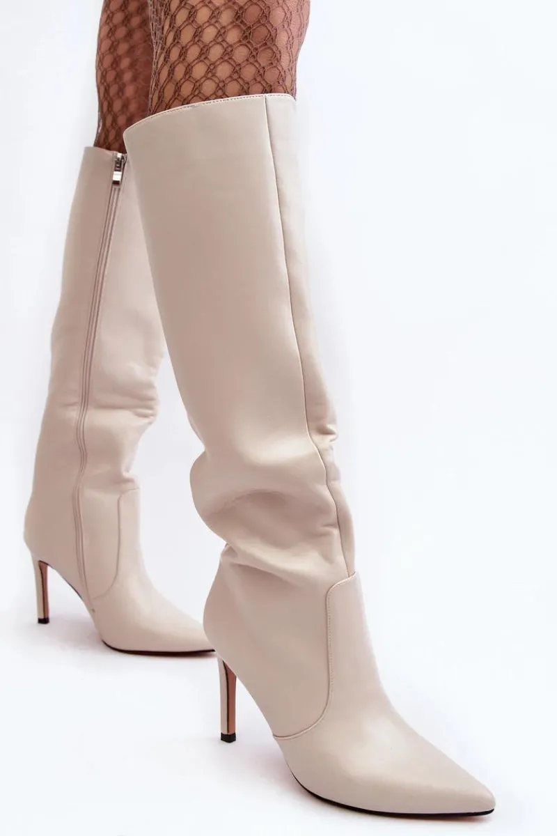 Online Boto Skórzane Kozaki Na Szpilce Beżowe Melisandra