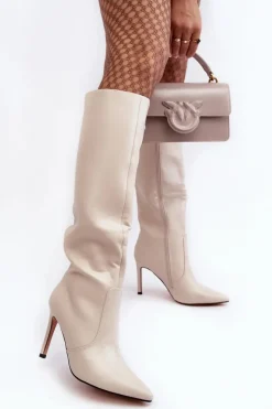 Online Boto Skórzane Kozaki Na Szpilce Beżowe Melisandra