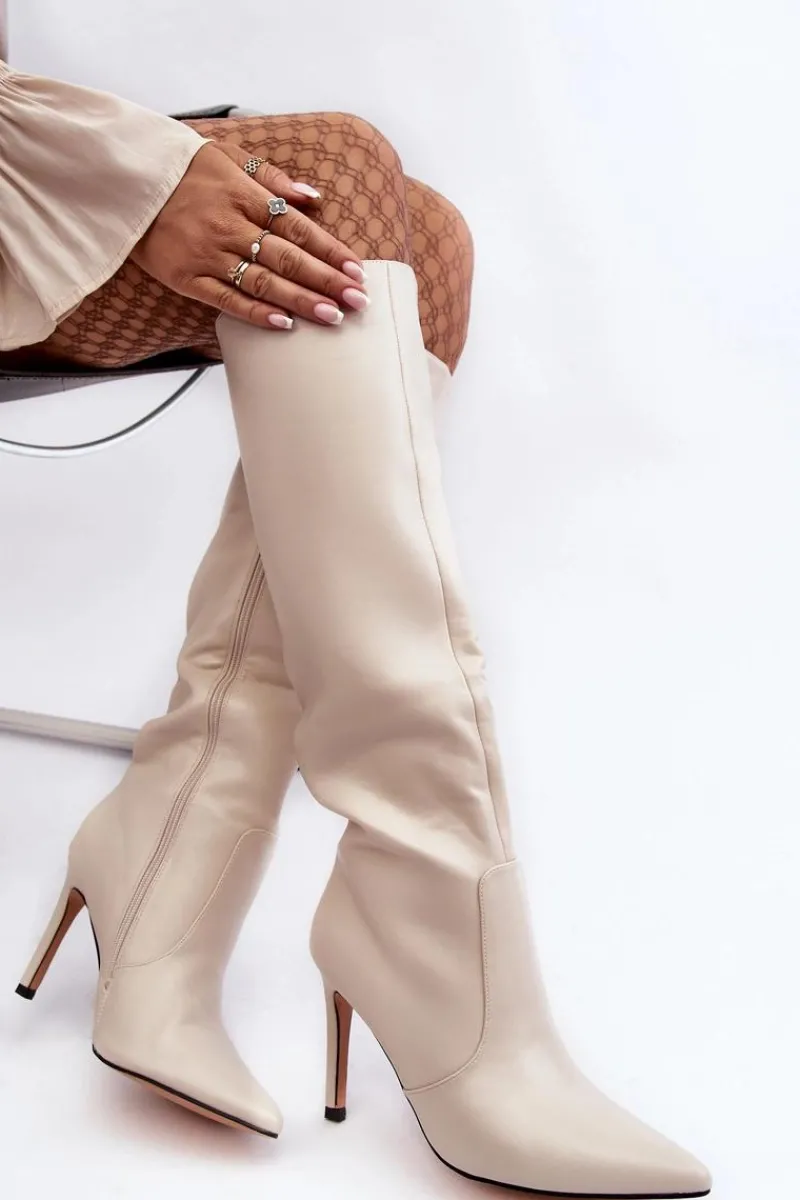 Online Boto Skórzane Kozaki Na Szpilce Beżowe Melisandra