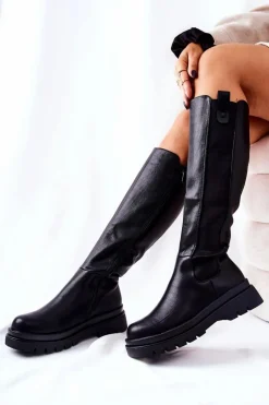 Outlet Evento Skórzane Kozaki Ocieplane Czarne Panaris