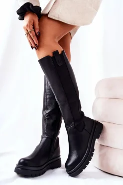 Outlet Evento Skórzane Kozaki Ocieplane Czarne Panaris