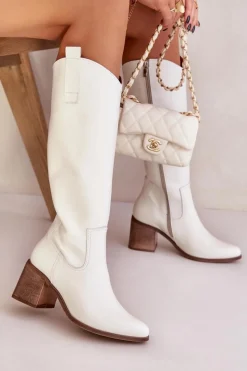 Kozaki Na Słupku|Kozaki Na Obcasie>Boto Skórzane Kozaki Przed Kolano Na Słupku Zazoo 3675 Białe