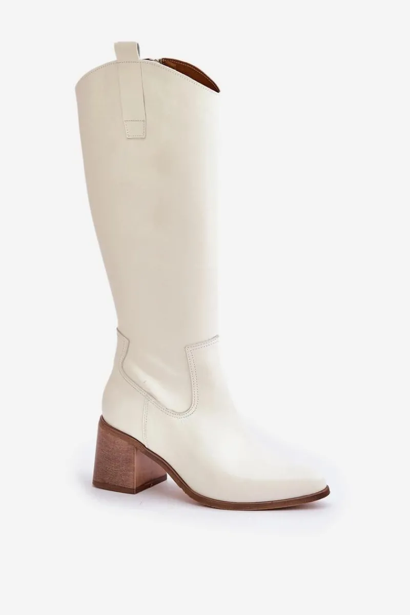 Kozaki Na Słupku|Kozaki Na Obcasie>Boto Skórzane Kozaki Przed Kolano Na Słupku Zazoo 3675 Białe