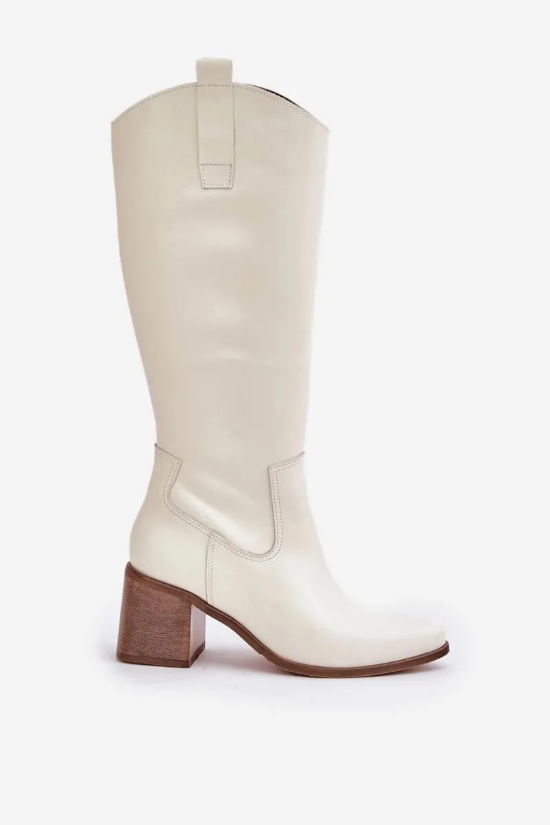 Kozaki Na Słupku|Kozaki Na Obcasie>Boto Skórzane Kozaki Przed Kolano Na Słupku Zazoo 3675 Białe