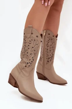 New Boto Skórzane Kozaki Z Ażurową Cholewką Zazoo 3714 Ciemnobeżowe Beżowy