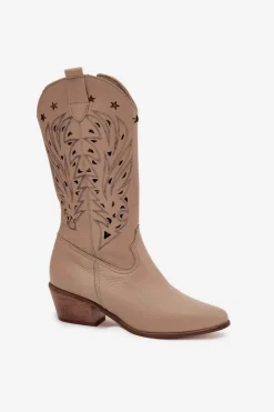 New Boto Skórzane Kozaki Z Ażurową Cholewką Zazoo 3714 Ciemnobeżowe Beżowy