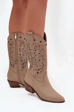 New Boto Skórzane Kozaki Z Ażurową Cholewką Zazoo 3714 Ciemnobeżowe Beżowy