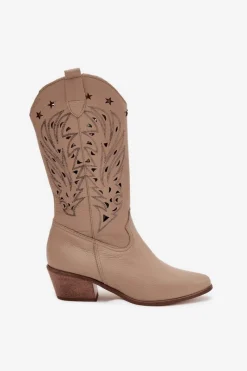 New Boto Skórzane Kozaki Z Ażurową Cholewką Zazoo 3714 Ciemnobeżowe Beżowy