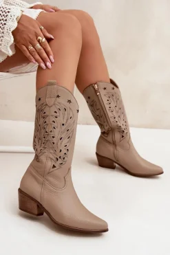 New Boto Skórzane Kozaki Z Ażurową Cholewką Zazoo 3714 Ciemnobeżowe Beżowy