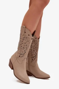 New Boto Skórzane Kozaki Z Ażurową Cholewką Zazoo 3714 Ciemnobeżowe Beżowy