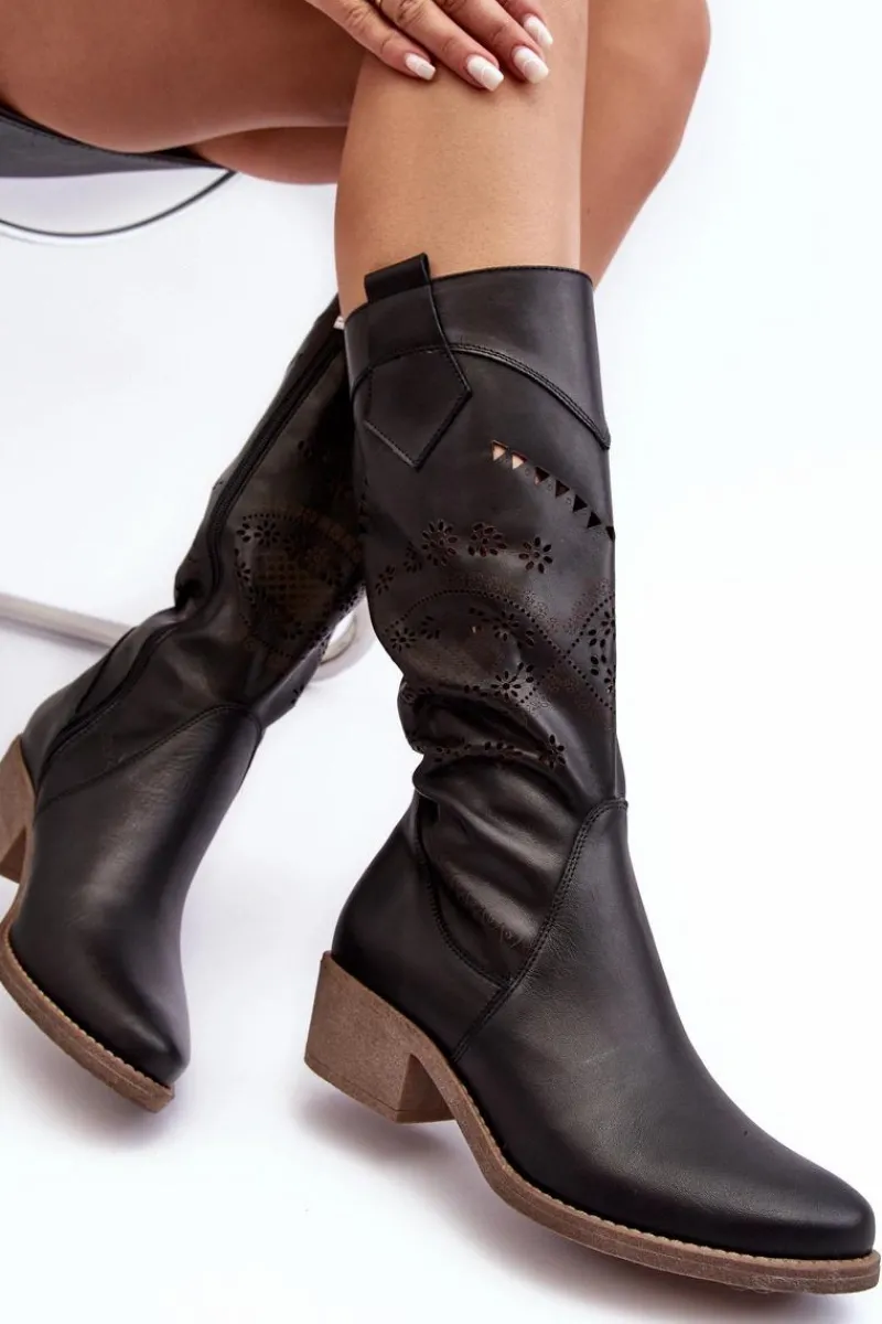 Skórzane Kozaki Z Ażurowym Wzorem Czarne Sierra Damskie Kozaki Na Słupku|Kozaki Wiosenne