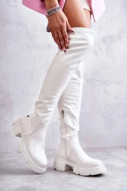 Kozaki Za Kolano|Kozaki Płaskie>GOE Skórzane Kozaki Za Kolano Na Płaskim Obcasie KK2N4022 Białe
