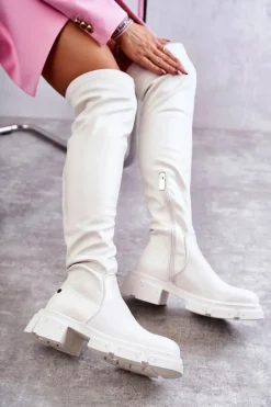 Kozaki Za Kolano|Kozaki Płaskie></noscript>GOE Skórzane Kozaki Za Kolano Na Płaskim Obcasie KK2N4022 Białe