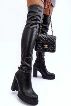 Best Boto Skórzane Kozaki Za Kolano Na Masywnym Słupku Czarne Kytia