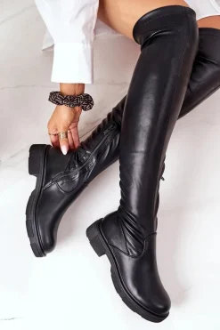 Kozaki Wiosenne|Kozaki Płaskie></noscript>Boto Skórzane Kozaki Za Kolano Czarne Selina