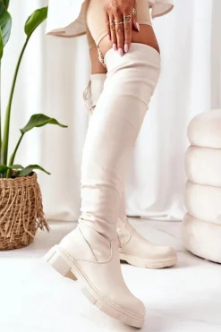 Best Skórzane Kozaki Za Kolano Beżowe Selina Damskie Kozaki Wiosenne|Kozaki Płaskie