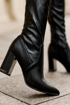 Outlet Skórzane Kozaki Za Kolano Na Słupku Czarne Amalitas Damskie Muszkieterki|Kozaki Za Kolano