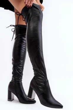 Outlet Skórzane Kozaki Za Kolano Na Słupku Czarne Amalitas Damskie Muszkieterki|Kozaki Za Kolano