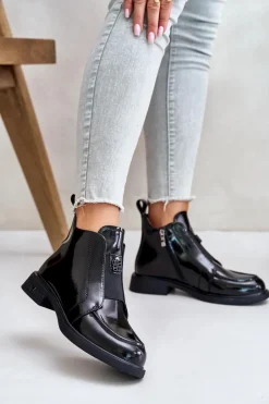 New Skórzane Lakierowane Botki Damskie Na Zamek D&A JC42-24 Czarne Damskie Czarne Botki|Botki Płaskie