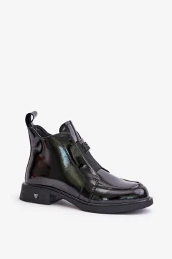 New Skórzane Lakierowane Botki Damskie Na Zamek D&A JC42-24 Czarne Damskie Czarne Botki|Botki Płaskie