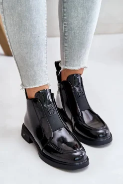 New Skórzane Lakierowane Botki Damskie Na Zamek D&A JC42-24 Czarne Damskie Czarne Botki|Botki Płaskie