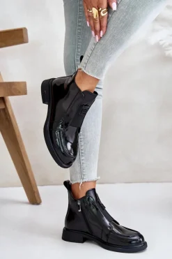New Skórzane Lakierowane Botki Damskie Na Zamek D&A JC42-24 Czarne Damskie Czarne Botki|Botki Płaskie