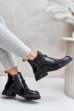 New Skórzane Lakierowane Botki Damskie Na Zamek D&A JC42-24 Czarne Damskie Czarne Botki|Botki Płaskie