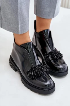 Hot Skórzane Lakierowane Botki Z Ozdobą Ocieplane D&A LZ42-036 Czarne Damskie Botki Zimowe Damskie|Botki Płaskie