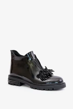 Hot Skórzane Lakierowane Botki Z Ozdobą Ocieplane D&A LZ42-036 Czarne Damskie Botki Zimowe Damskie|Botki Płaskie