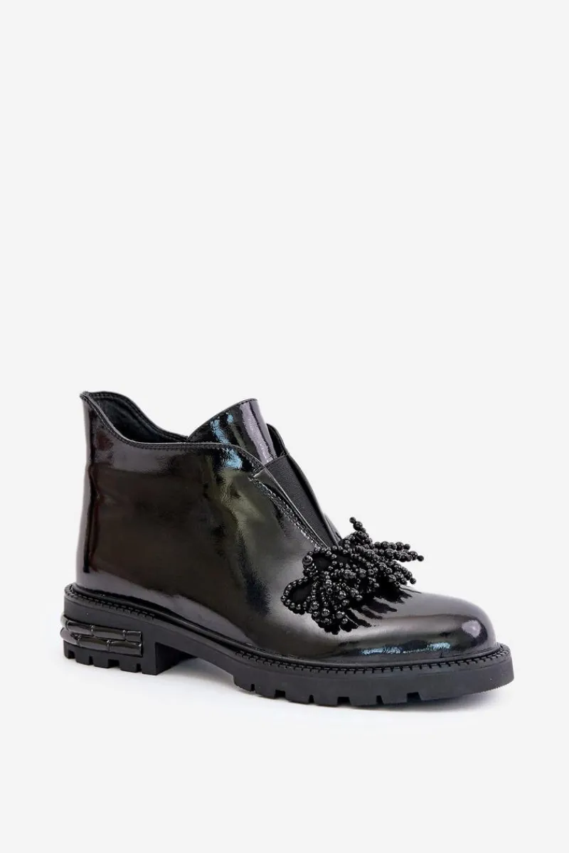 Hot Skórzane Lakierowane Botki Z Ozdobą Ocieplane D&A LZ42-036 Czarne Damskie Botki Zimowe Damskie|Botki Płaskie