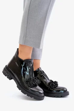 Hot Skórzane Lakierowane Botki Z Ozdobą Ocieplane D&A LZ42-036 Czarne Damskie Botki Zimowe Damskie|Botki Płaskie