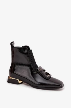 Botki Ocieplane|Botki Skórzane></noscript>D&A Skórzane Lakierowane Botki Damskie Na Niskim Obcasie Z Ozdobą MR52-216 Czarne Czarny