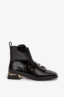 Botki Ocieplane|Botki Skórzane></noscript>D&A Skórzane Lakierowane Botki Damskie Na Niskim Obcasie Z Ozdobą MR52-216 Czarne Czarny