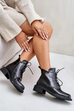 Discount Skórzane Lakierowane Botki Z Ociepleniem Czarne Bellani Damskie Botki Ocieplane|Botki Sznurowane