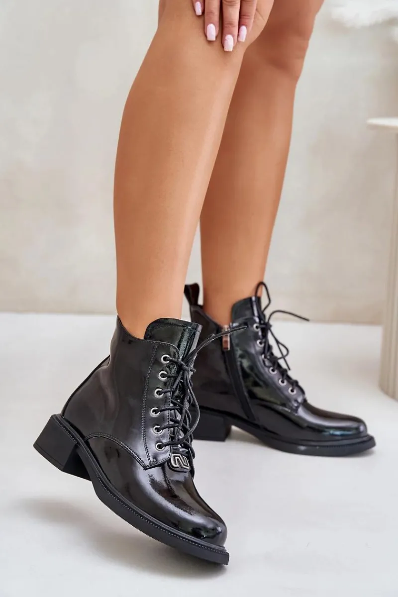 Discount Skórzane Lakierowane Botki Z Ociepleniem Czarne Bellani Damskie Botki Ocieplane|Botki Sznurowane