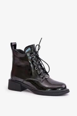 Discount Skórzane Lakierowane Botki Z Ociepleniem Czarne Bellani Damskie Botki Ocieplane|Botki Sznurowane