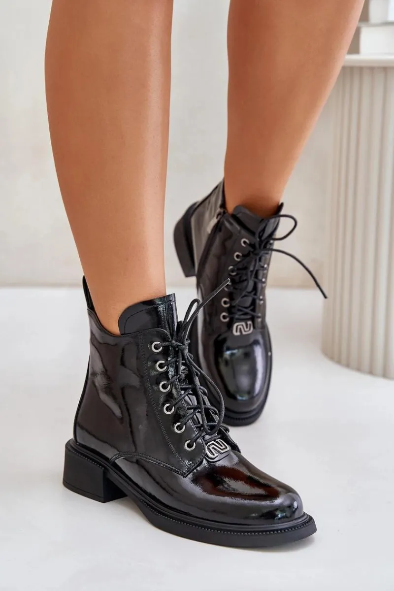 Discount Skórzane Lakierowane Botki Z Ociepleniem Czarne Bellani Damskie Botki Ocieplane|Botki Sznurowane