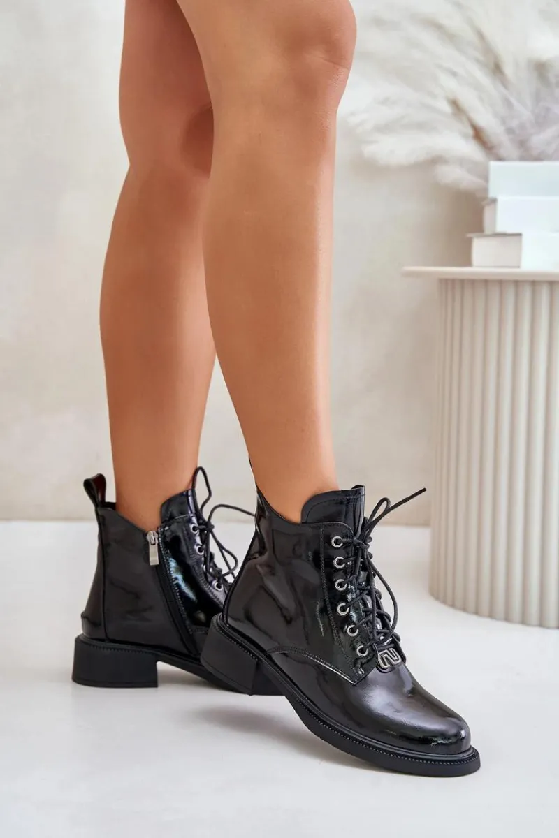 Discount Skórzane Lakierowane Botki Z Ociepleniem Czarne Bellani Damskie Botki Ocieplane|Botki Sznurowane