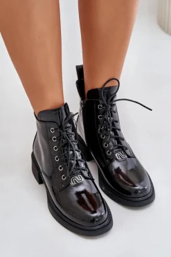 Discount Skórzane Lakierowane Botki Z Ociepleniem Czarne Bellani Damskie Botki Ocieplane|Botki Sznurowane