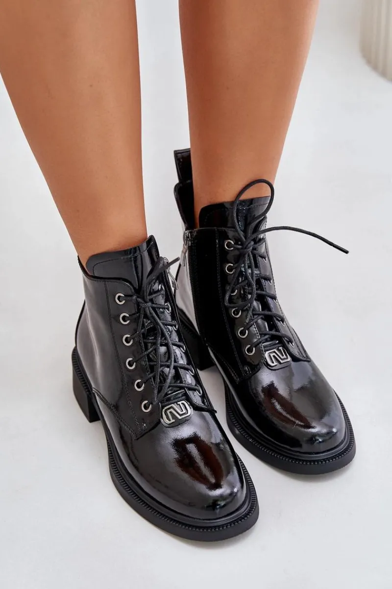 Discount Skórzane Lakierowane Botki Z Ociepleniem Czarne Bellani Damskie Botki Ocieplane|Botki Sznurowane