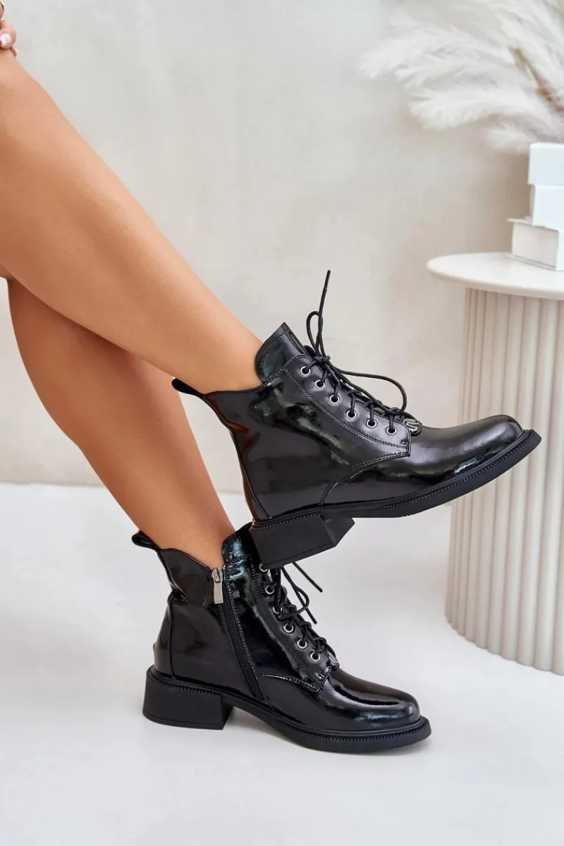 Discount Skórzane Lakierowane Botki Z Ociepleniem Czarne Bellani Damskie Botki Ocieplane|Botki Sznurowane