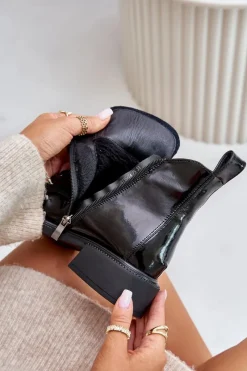 Discount Skórzane Lakierowane Botki Z Ociepleniem Czarne Bellani Damskie Botki Ocieplane|Botki Sznurowane