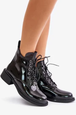 Discount Skórzane Lakierowane Botki Z Ociepleniem Czarne Bellani Damskie Botki Ocieplane|Botki Sznurowane