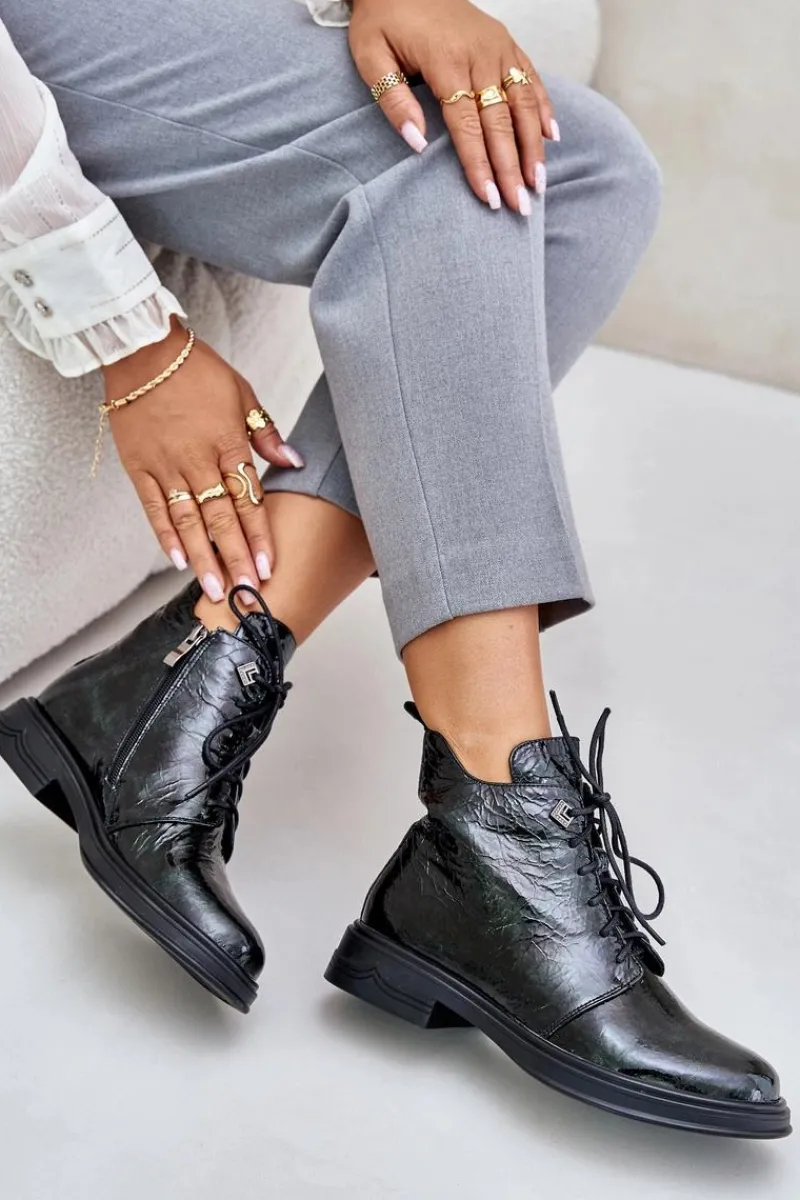 Hot Skórzane Lakierowane Botki Damskie Ocieplane Na Zamek D&A LZ42-042 Ciemnozielone Damskie Botki Ocieplane|Damskie Trapery