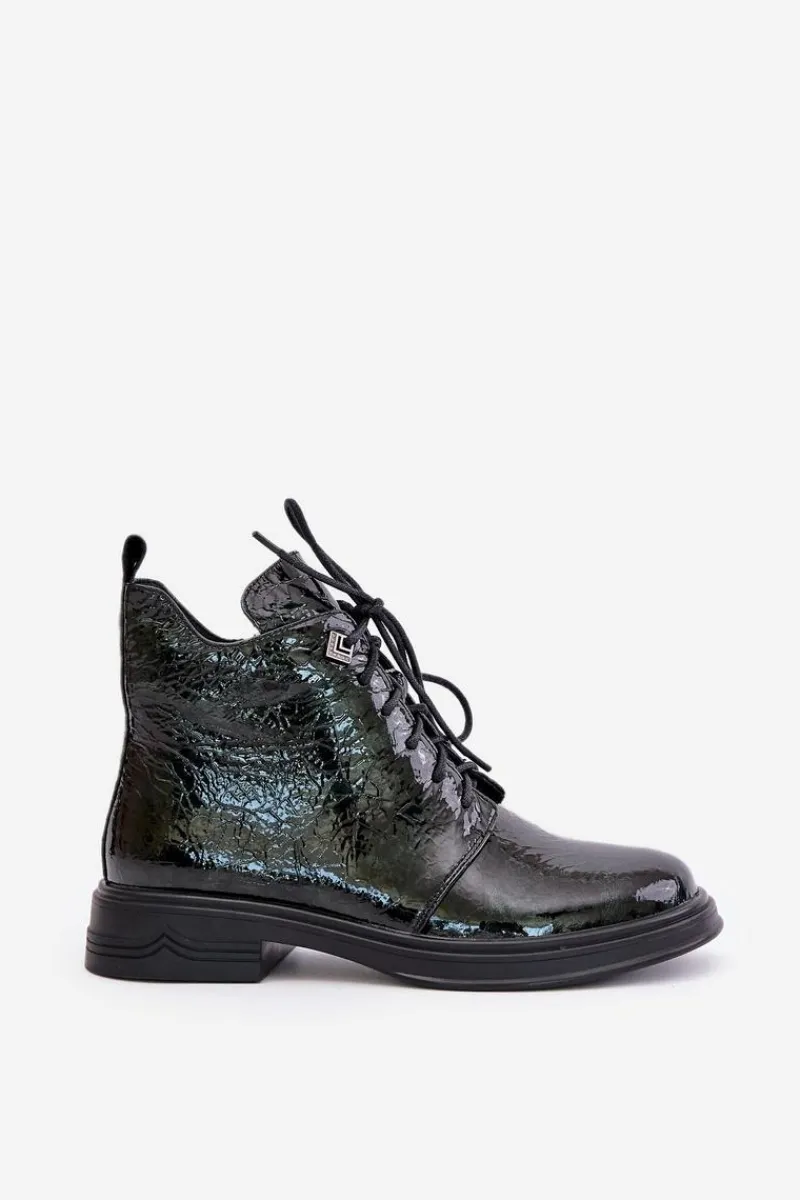 Hot Skórzane Lakierowane Botki Damskie Ocieplane Na Zamek D&A LZ42-042 Ciemnozielone Damskie Botki Ocieplane|Damskie Trapery