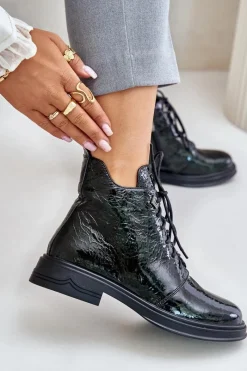 Hot Skórzane Lakierowane Botki Damskie Ocieplane Na Zamek D&A LZ42-042 Ciemnozielone Damskie Botki Ocieplane|Damskie Trapery