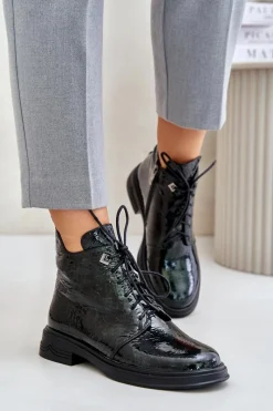 Hot Skórzane Lakierowane Botki Damskie Ocieplane Na Zamek D&A LZ42-042 Ciemnozielone Damskie Botki Ocieplane|Damskie Trapery